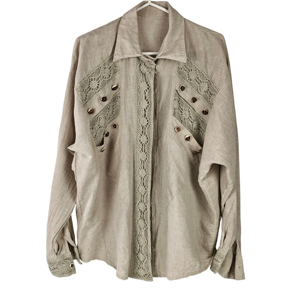 natural Linen lace long sleeve blouse top size 14 cottage lacy modest